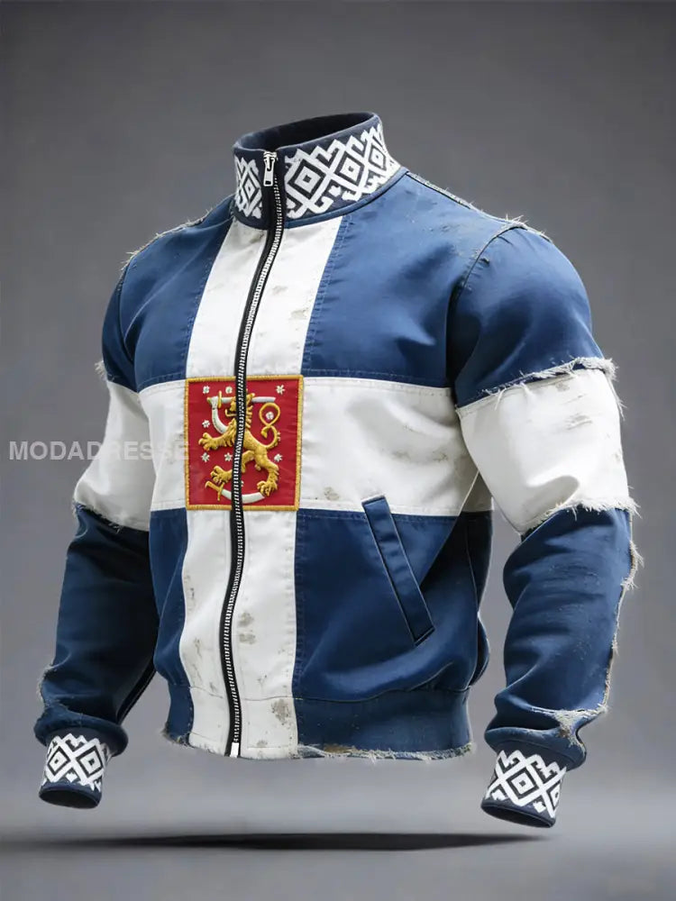 Miesten suomalainen lippu Vintage Tulostoslaite kaulusvety takki sininen / S
