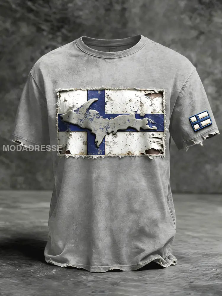 Miesten suomalainen lippukartta Patchwork Print T-paia harmaa / S