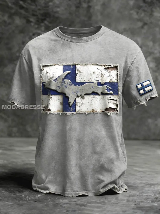 Miesten suomalainen lippukartta Patchwork Print T-paia harmaa / S