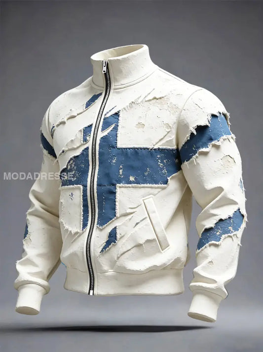 Miesten suomalainen lippulaite Tulosta Valkoinen Vintage Casual Zip-Up Takti S