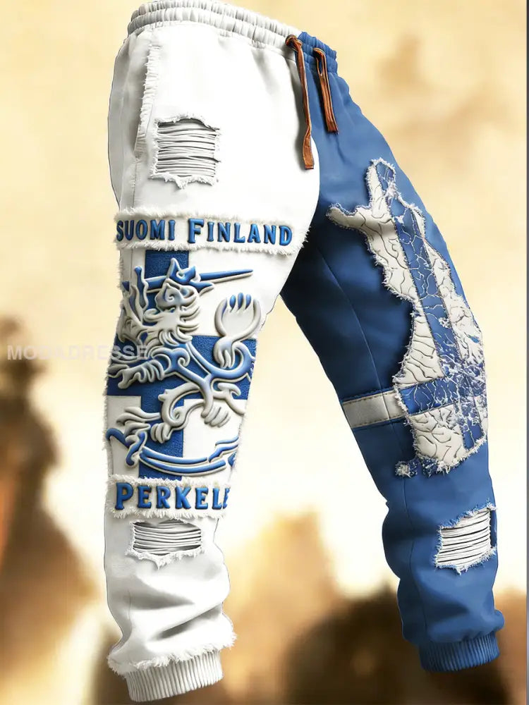 Miesten suomalainen patchwork Distressed Painettu Sattuva Hakijat housut Pöksyt moniväri / S