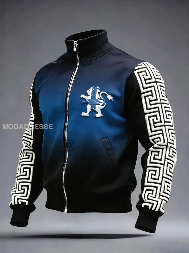 Miesten suomalainen patchwork Kirjoitettu tulostus Vaarallinen Zip-Up-takki sininen / S