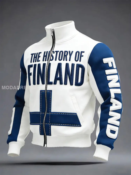 Miesten suomalainen patchwork Print Casual Zip-Up Takti valkoinen / S