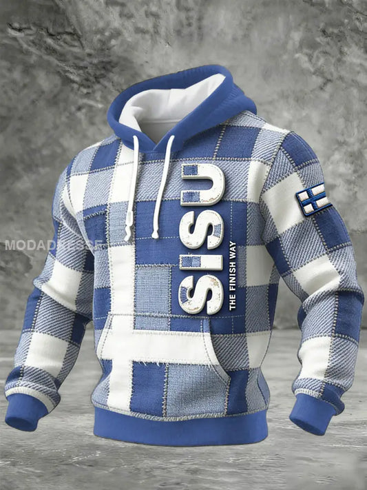 Miesten suomalainen SISU patchwork Tulosta Sininen tarkistus Puuvillahukkahukkapaikka sininen / S