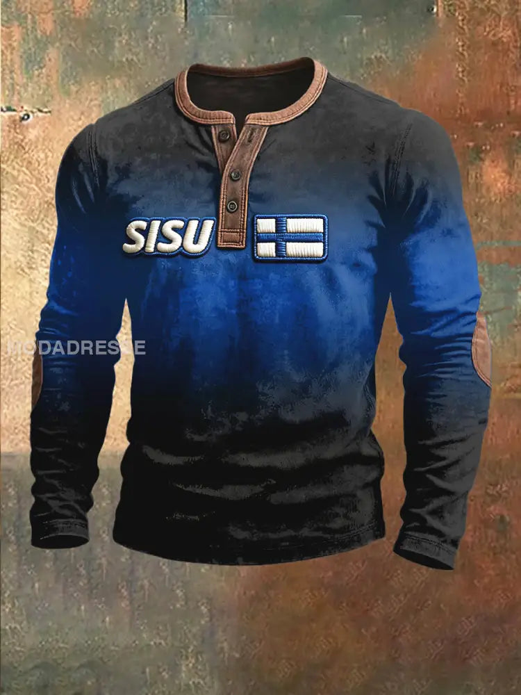 Miesten suomalainen SISU Tulosta Casual Henley Neck Sweatshirt tumma sininen / S