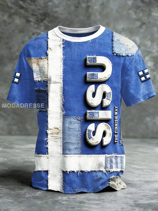 Miesten suomalainen SISU Vintage Patchwork Tulosta Sininen T-paia sininen / S