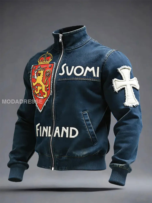 Miesten suomalainen SUOMI Denim-Tyyli Patchwork Print Zip Taki Merellinen sininen / S