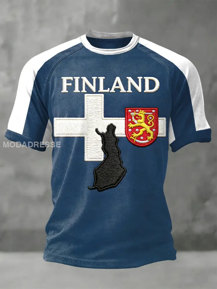 Miesten Suomen lippu Patchwork Casual T-paiti sininen / S