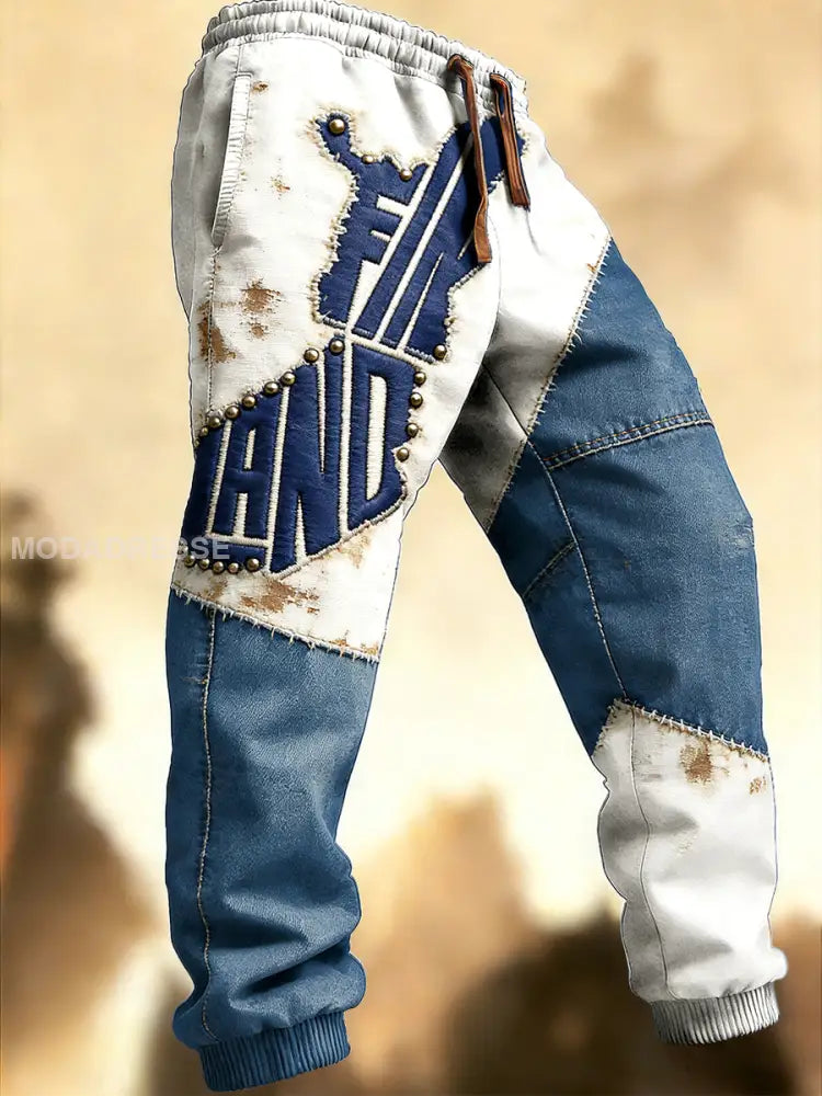 Miesten Suomen patchwork Denim- Printed Sweathousut housut Pöksyt valkoinen / S