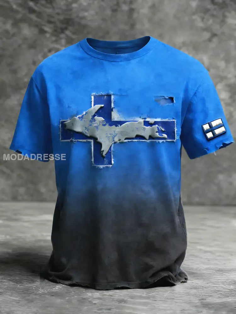 Miesten Suomi Kartta Patchwork Gradient Print T-paia sininen / S