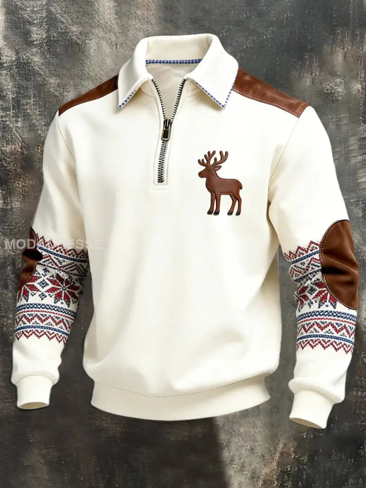 Miesten valkoinen valkoinen poro Nordic neulet nahka-Accent Quarter-Zip Sweatshirt moniväri / S