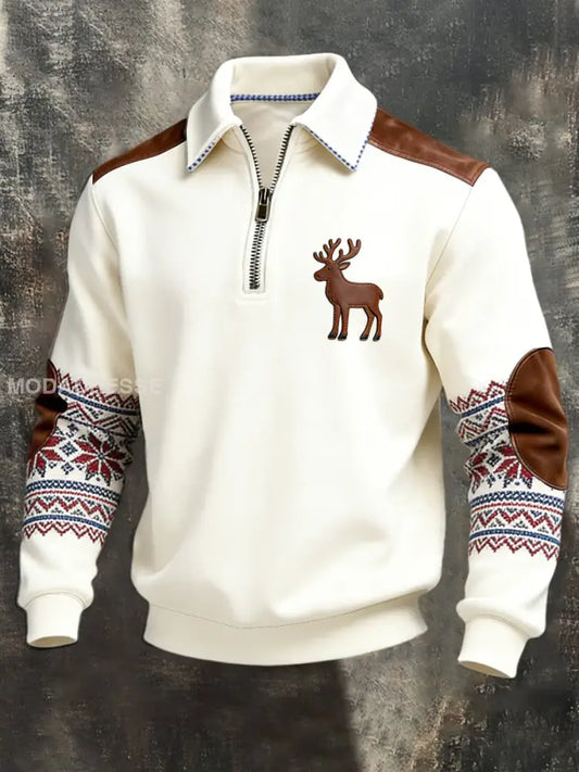 Miesten valkoinen valkoinen poro Nordic neulet nahka-Accent Quarter-Zip Sweatshirt moniväri / S