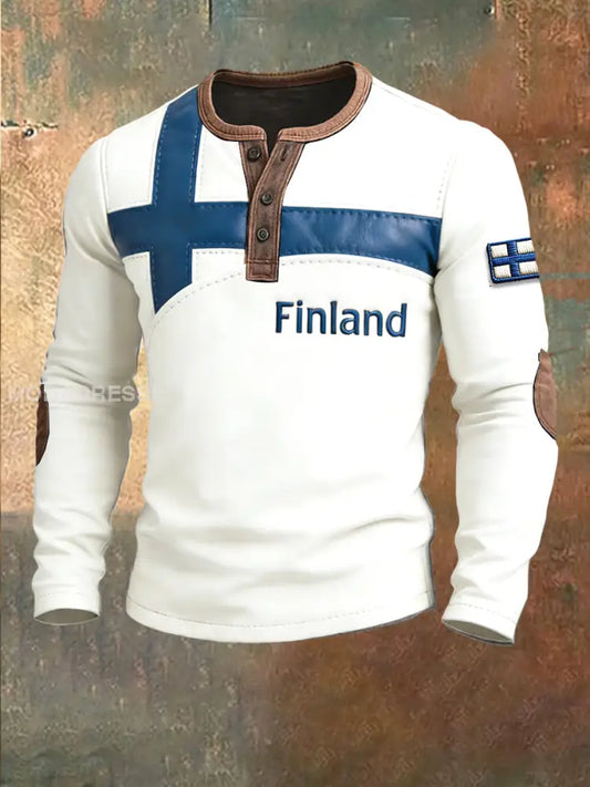 Miesten valkoinen Suomi Lippulaite Tulosta Henley Neck Sweatshirt valkoinen / S