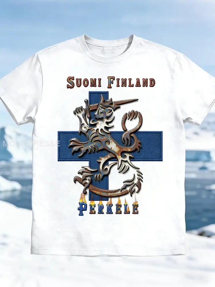 Miesten Valkoinen Suomi SUOMI Patchwork Print Casual T-paiti valkoinen / S