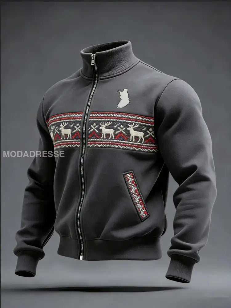 Miesten viihtyisä harmaa poro pohjoismainen knit Full-Zip takki moniväri / S