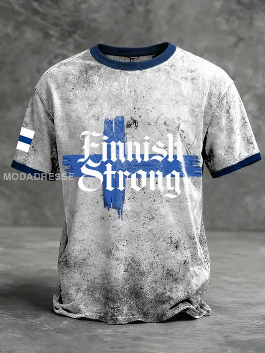Miesten Vintage Harmaa ’Suomen vahva’ lippu Ringer T-paita moniväri / S