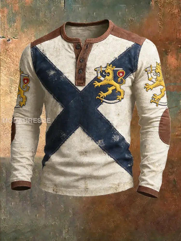 Miesten Vintage Patchwork Finland Lippu Tulosta Henley Neck Sweatshirt Khaki / S