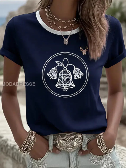 Naisten Elegant Navy Geometrinen Bell kuvio Ringer T-paita R moniväri / S