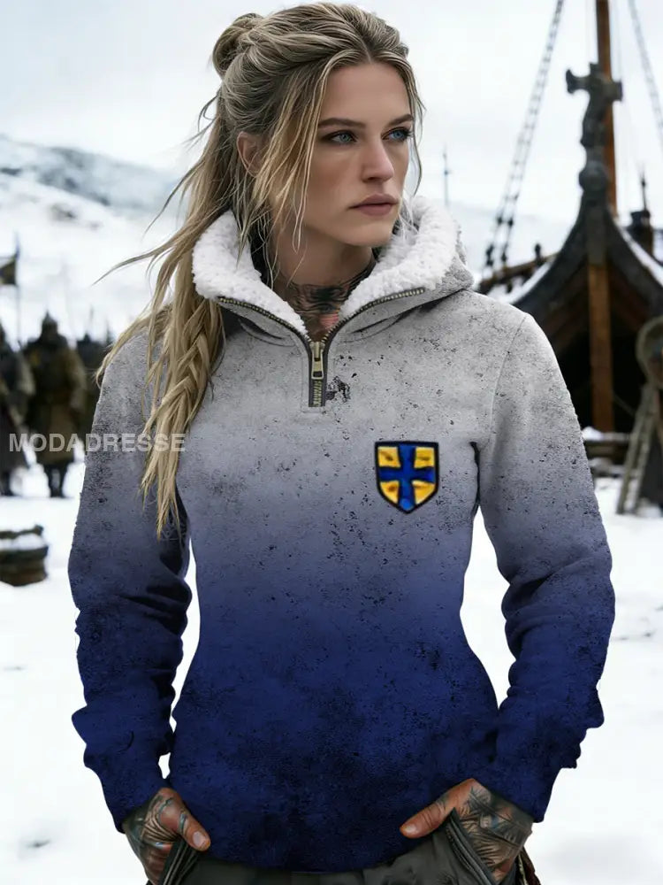 Naisten Ombre Harmaa-sininen pohjoismainen kilpi Sherpa-Lined Quarter-Zip Hoodie. moniväri / S