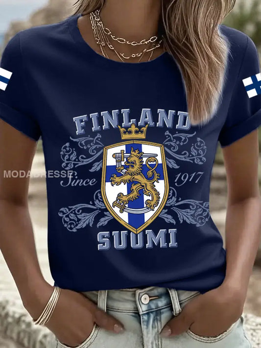Naisten Suomi Inspiroitu tulosta T-paita Merellinen sininen / S