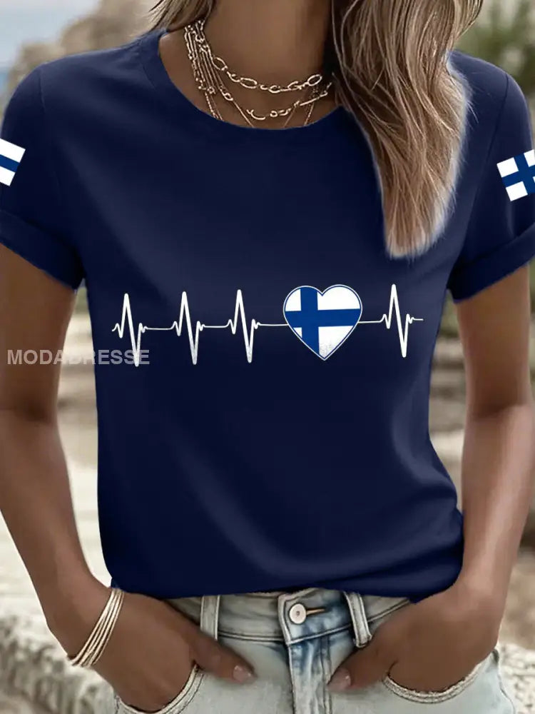 Naisten Suomi Inspiroitu tulosta T-paita Merellinen sininen / S