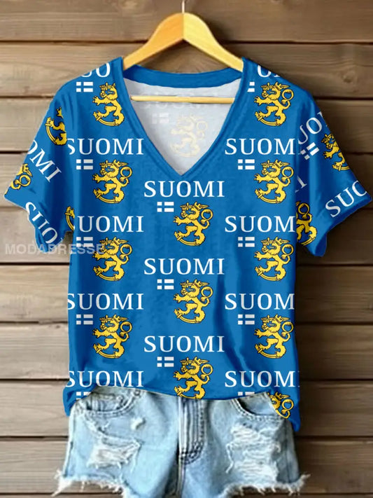 Naisten Suomi Inspiroitu tulostus V-kaula T-paito sininen / S