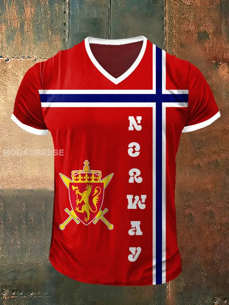 Norge flagg trykt trykt vintage kort erm V-hals T-shirt raud / S