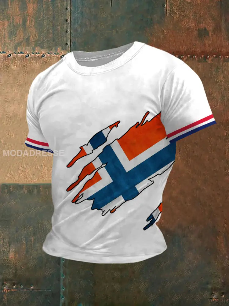 Norge flagg utskriver Vintage Kort erme T-shirt kvite / S