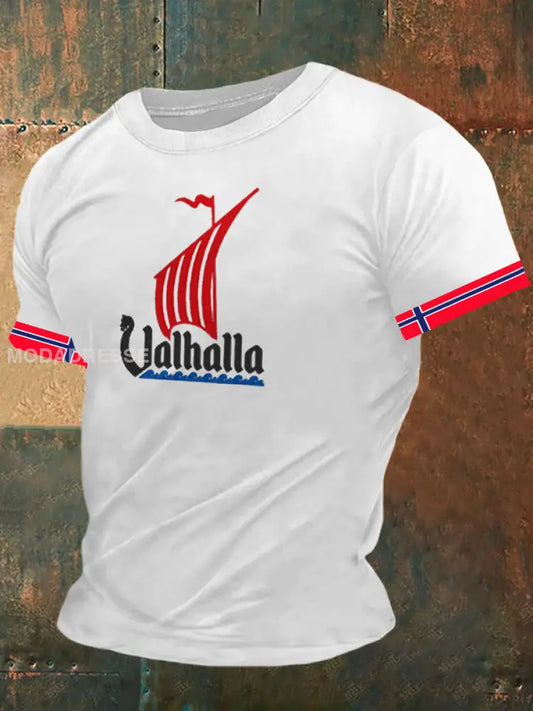Norge Valhalla skip utskriver Vintage Kort erme T-shirte S