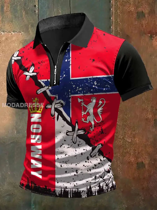 Norgestill Skriv ut zip-opp Polo hals T-shirte S