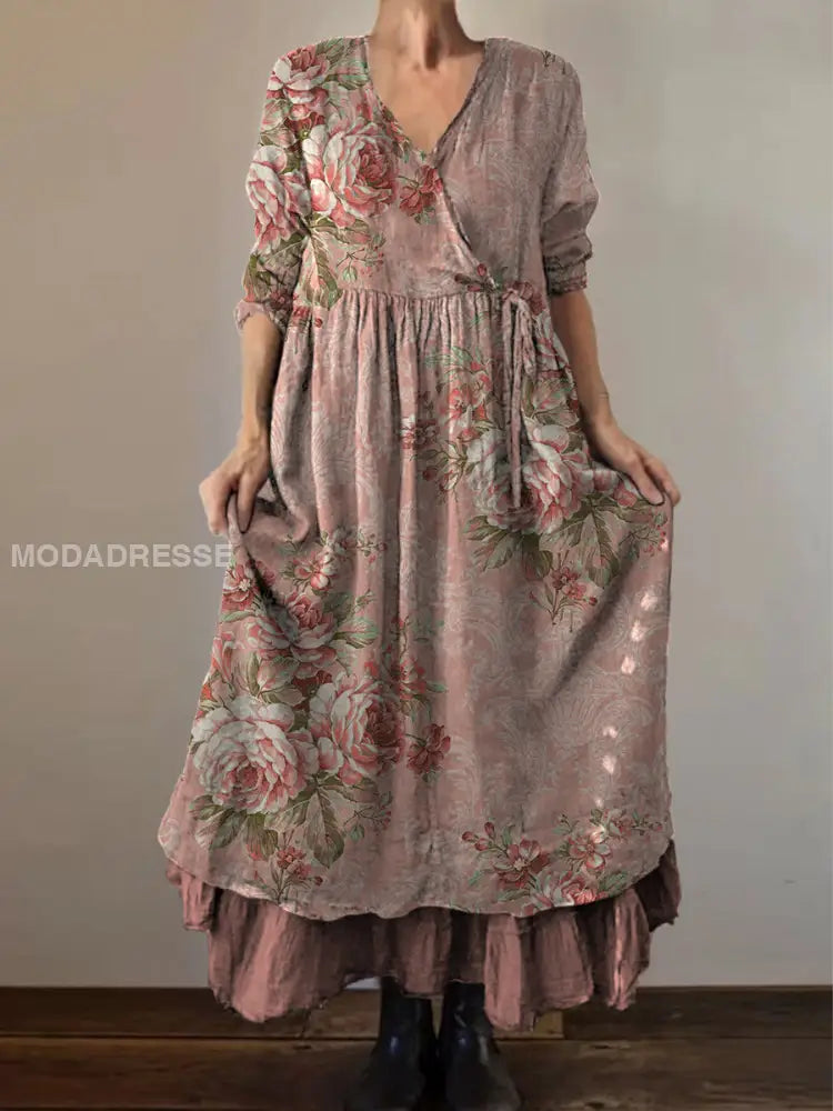 Retro blomsterkunst utskrift Vintage Chic V-halskknapp opp langærme Midi-kjole A / S