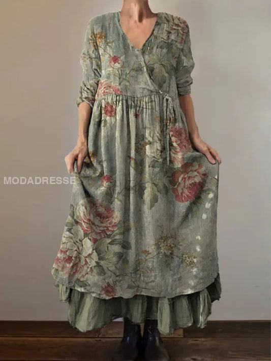 Retro blomsterkunst utskrift Vintage Chic V-halskknapp opp langærme Midi-kjole A / S