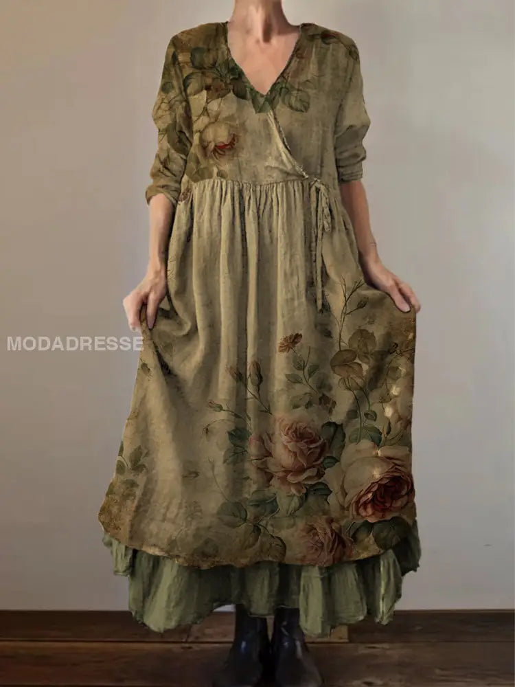 Retro blomsterkunst utskrift Vintage Chic V-halskknapp opp langærme Midi-kjole A / S