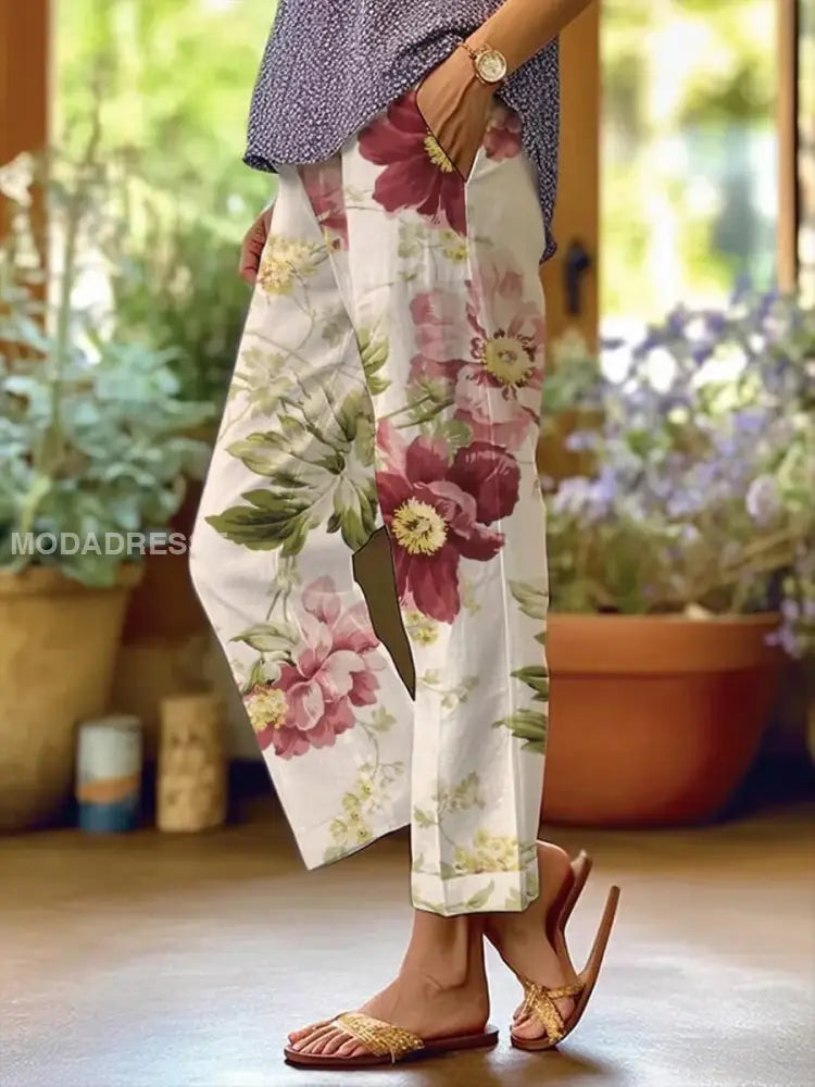 Retro Boho blomsterkunst trykt løse straight bomullbukser A / S