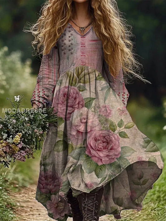 Retro Boho blomsterutskrift Vintage Chic V-hals bomull Langærme Midi-kjole A / S