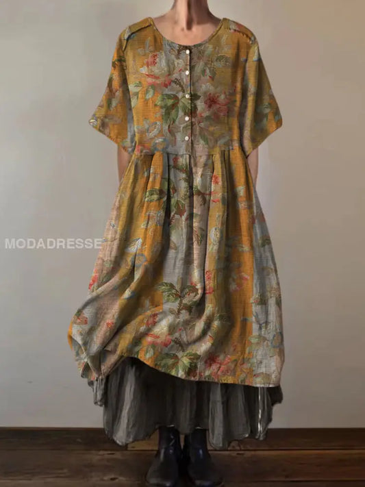 Retro Boho blomsterutskrift Vintage rund halsknapp Kort erme Midi kjole A / S