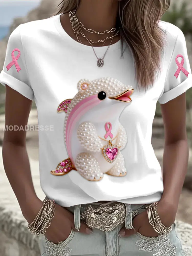 Retro Bröstcancer Pärla Diamond Dolphin Skriv ut kort ärm T shirt vitt / S