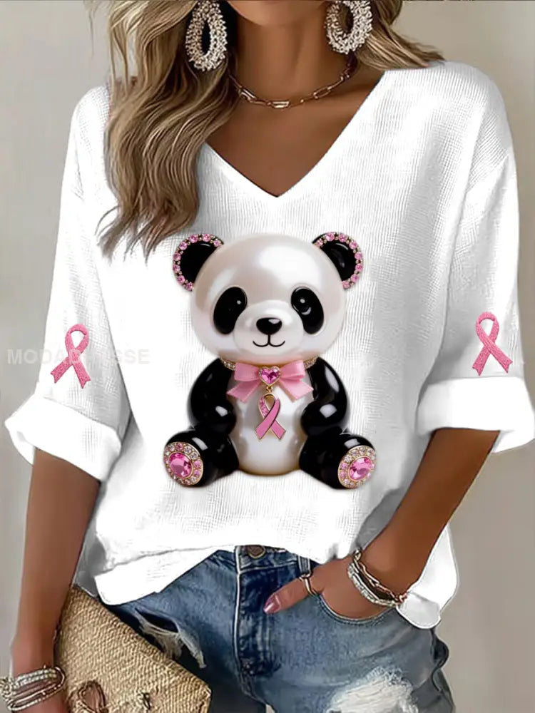 Retro Bröstcancer pärla Diamond söt Panda Skriv ut Casual bomull våffle lång ärm T shirt vitt / S