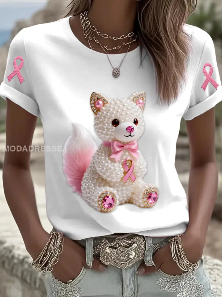 Retro Bröstcancer Pärlbåge Katt Skriv ut kort ärm T shirt vitt / S