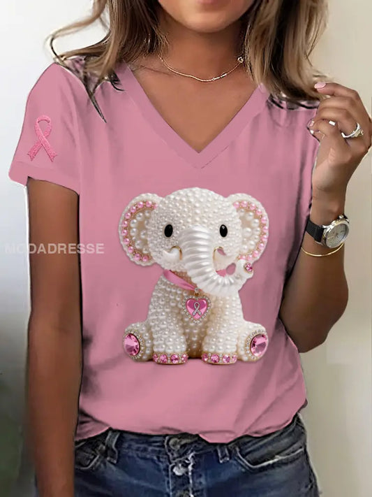 Retro Bröstcancer Pearl Diamant Elefant Skriv ut V hals kort ärm T shirt runk / S