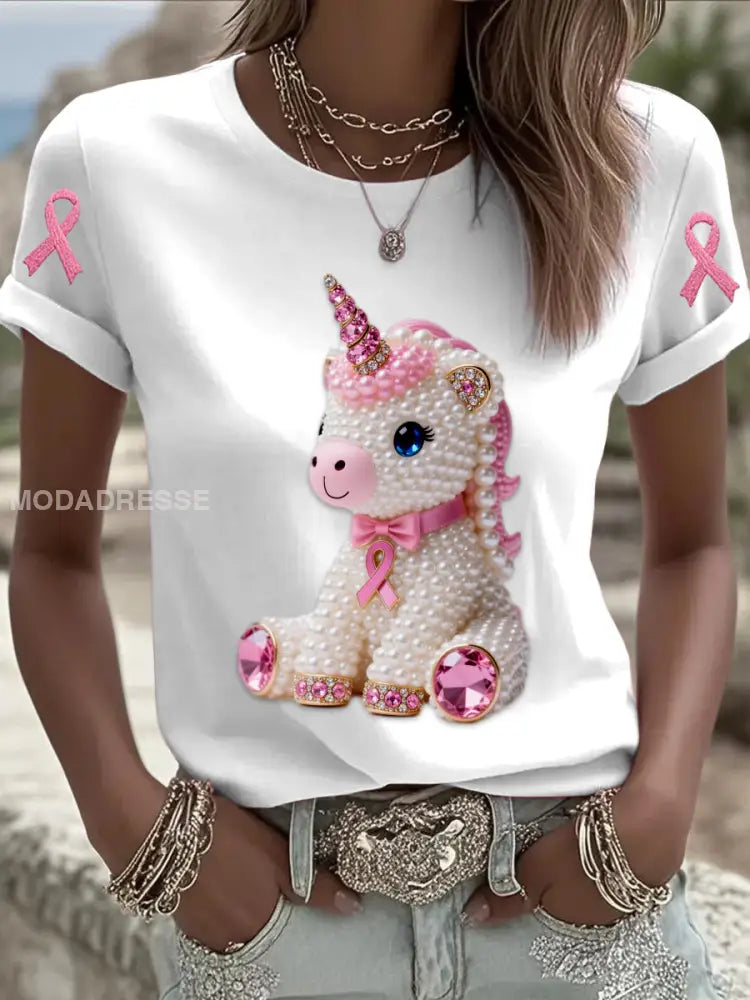 Retro Bröstcancer Pearl Diamant Pony Skriv ut kort ärm T shirt vitt / S