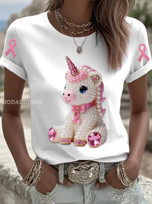 Retro Bröstcancer Pearl Diamant Pony Skriv ut kort ärm T shirt vitt / S