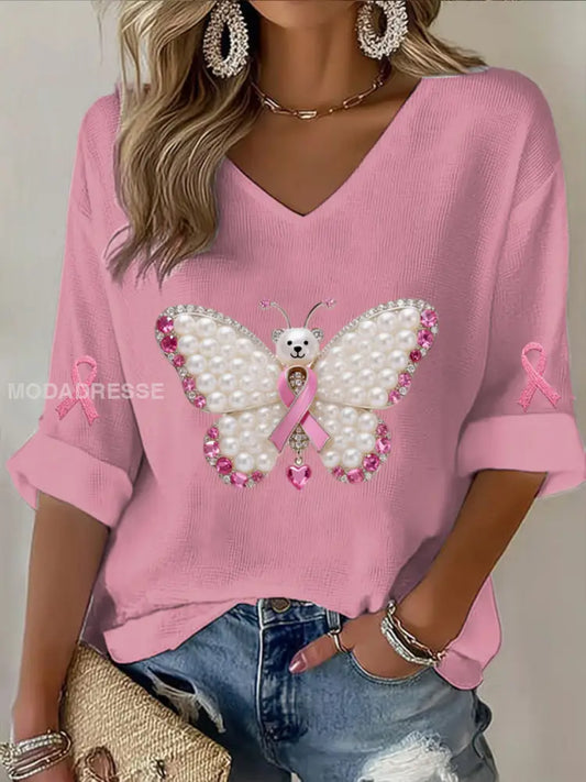 Retro Bröstcancer Pearl Diamond Butterfly Print Casual Bomull Våffle Lång ärm T shirt runk / S