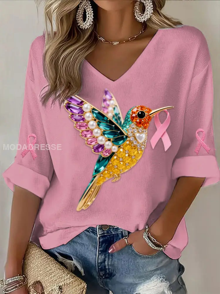 Retro Bröstcancer Pearl Diamond Multicolor Hummingbird Abstract Skriv ut Casual bomull våffel Lång ärm T shirt runk / S