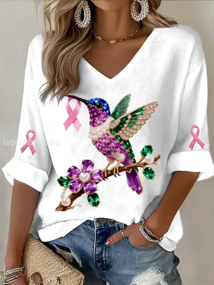 Retro Bröstcancer Pearl Diamond Multicolor Hummingbird Abstract Skriv ut Casual bomull våffel Lång ärm T shirt vitt / S
