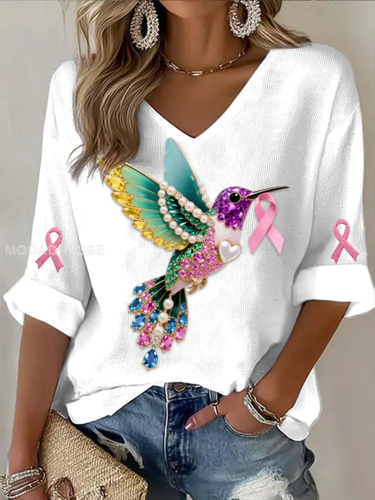 Retro Bröstcancer Pearl Diamond Multicolor Hummingbird Abstract Skriv ut Casual bomull våffel Lång ärm T shirt vitt / S