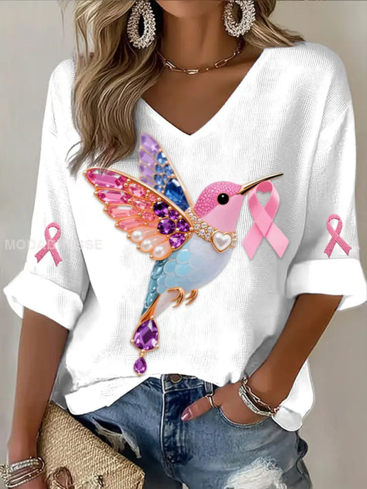 Retro Bröstcancer Pearl Diamond Multicolor Hummingbird Abstract Skriv ut Casual bomull våffel Lång ärm T shirt vitt / S