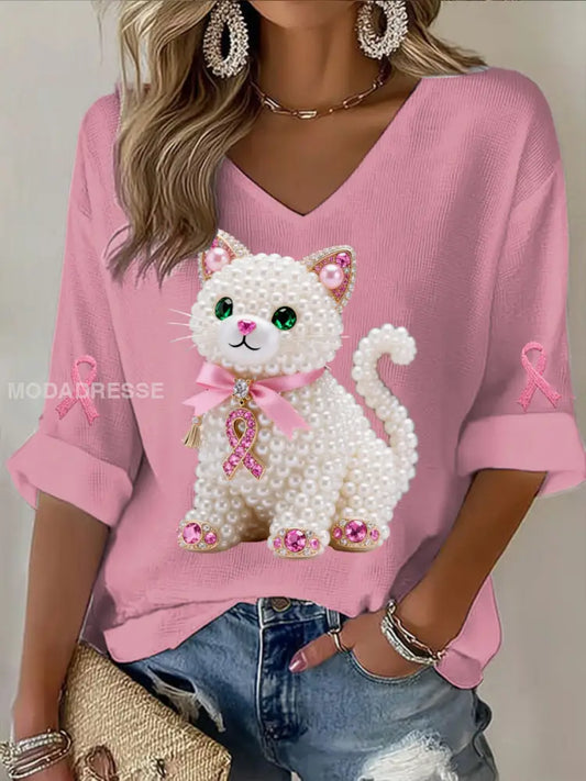 Retro Bröstcancer Pearl Diamond Söt Kitty Skriv ut Casual bomull våffel Lång ärm T shirt runk / S