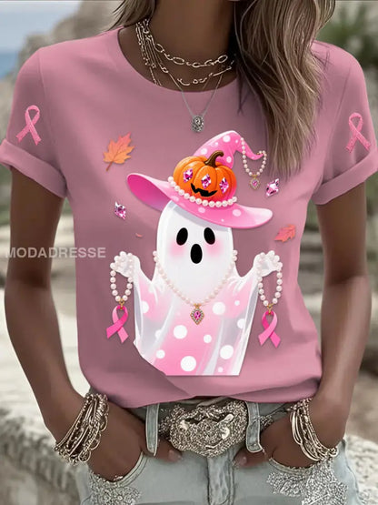 Retro Bröstcancer Pearl Halloween Ghost Print Bekväm Casual Cotton Short T shirt runt / S
