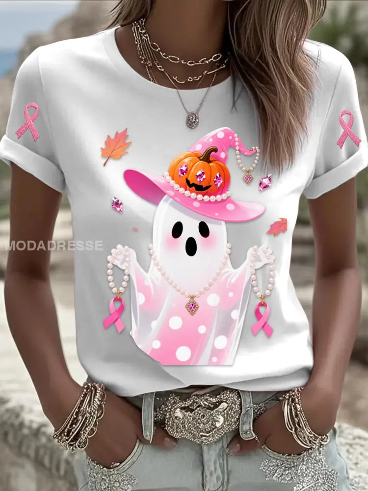 Retro Bröstcancer Pearl Halloween Ghost Print Bekväm Casual Cotton Short T shirt vit / S